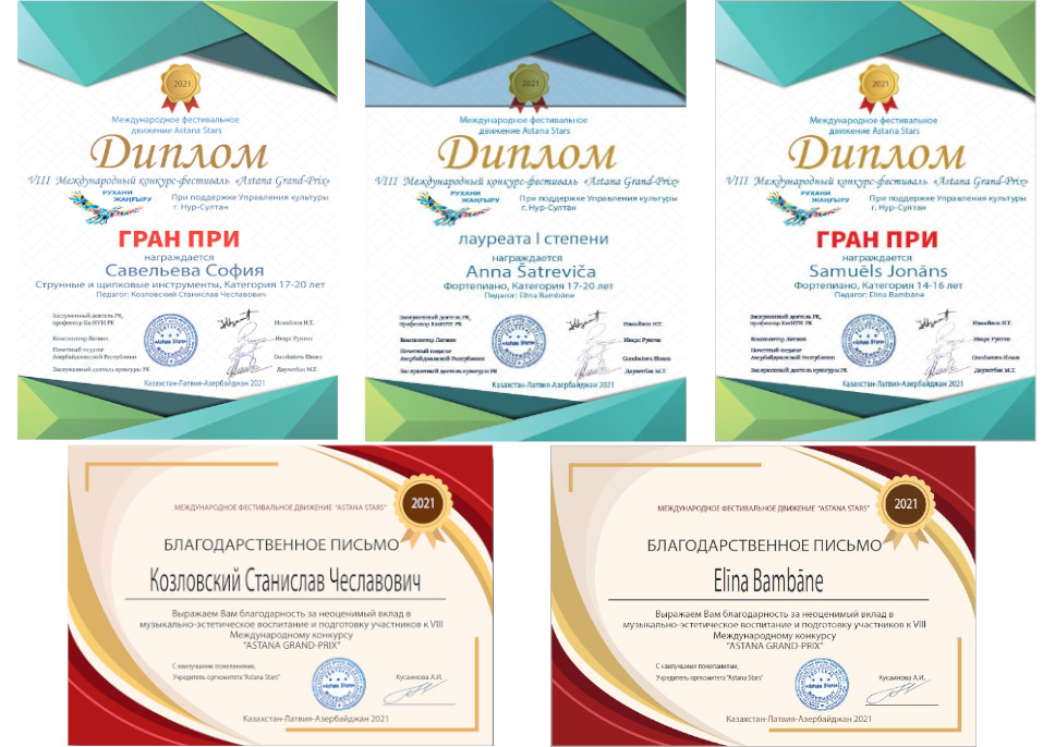 konkursa - festivāla Astana Grand-Prix laureātu diplomi