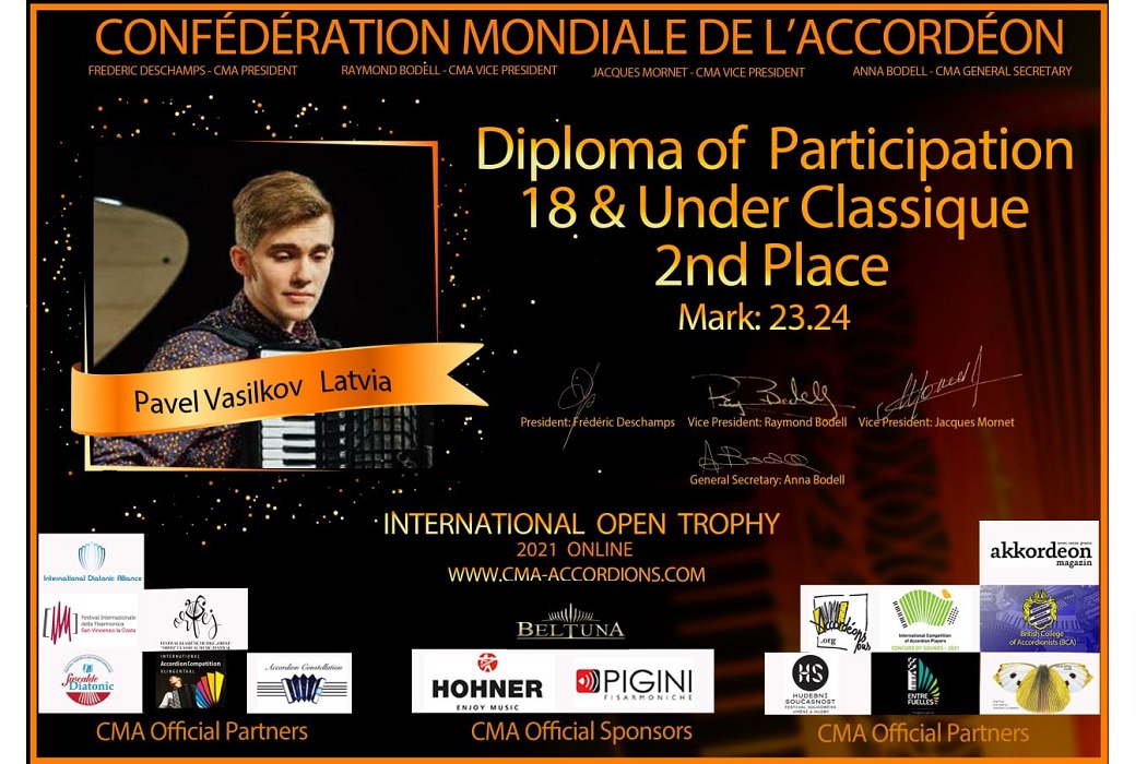  konkursa International Open Trophy laureāta diploms 