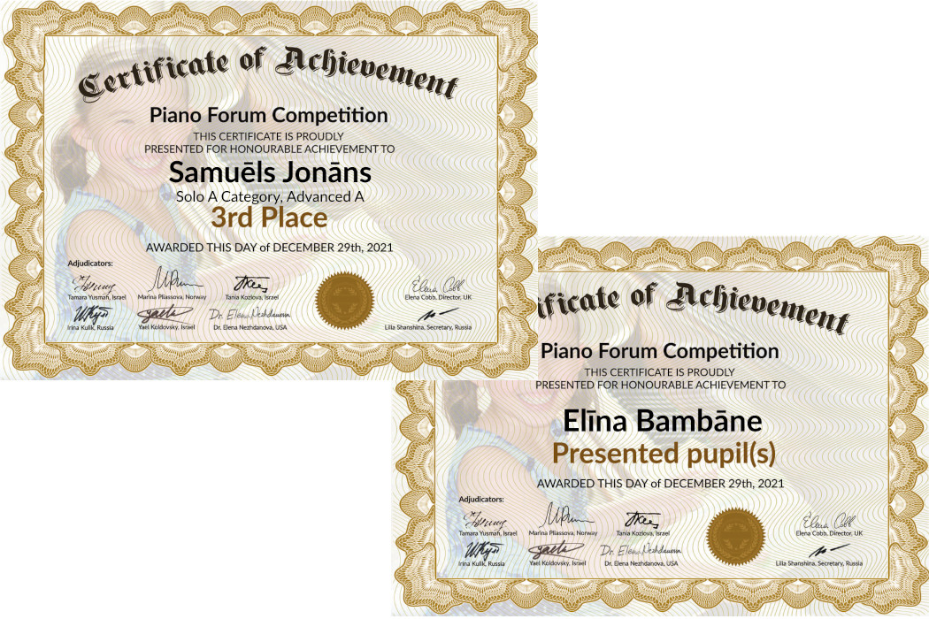konkursa Piano Forum Competition diplomi