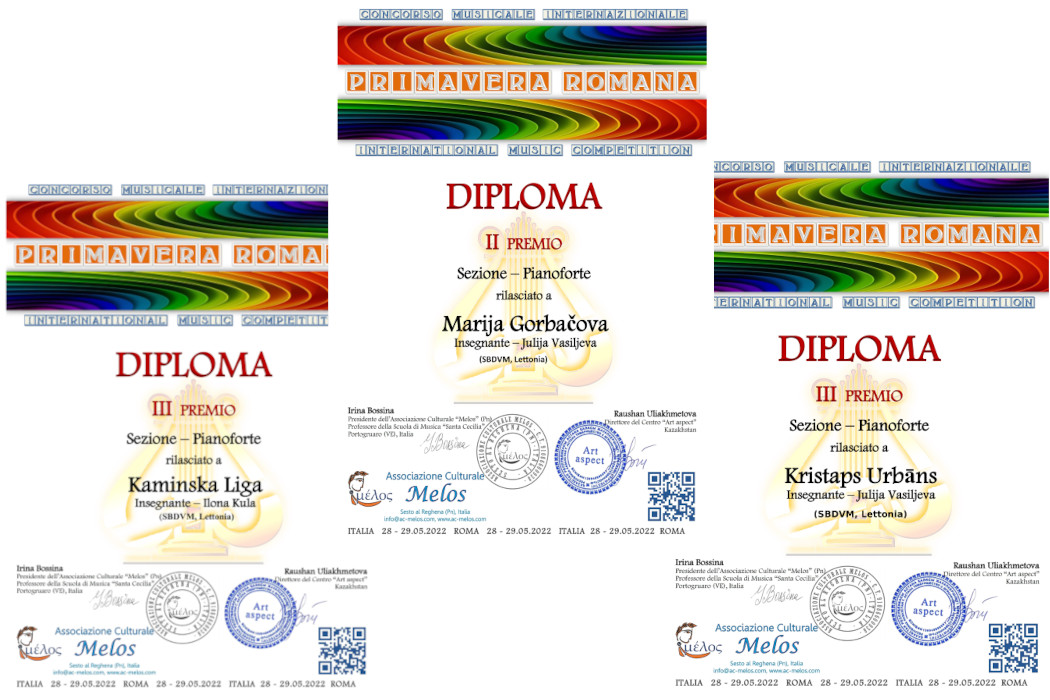 konkursa PRIMAVERA ROMANA laureātu diplomi