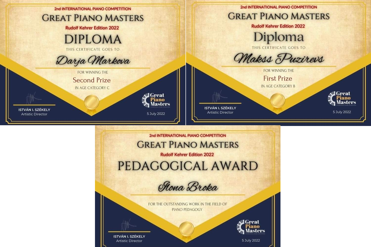 Konkursa Great piano masters R.Kehrer edition 2022 laureātu diplomi