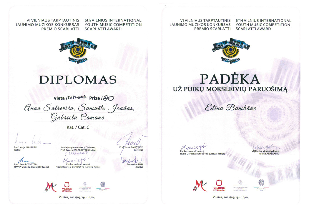 Konkursa "Scarlatti Award" laureātu diplomi