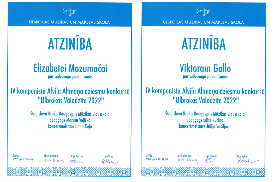 Dalībnieku diplomi par piedalīšanos konkursā “Ulbrokas Vālodzīt 2022”