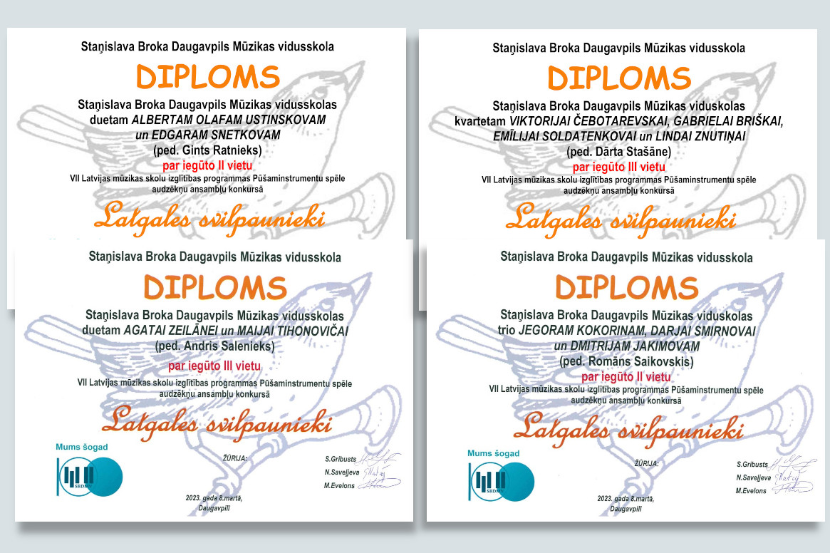 konkursa Latgales svilpaunieki dalībnieku diplomi