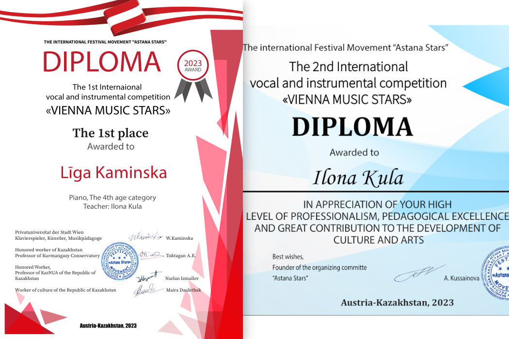 konkursa VIENNA MUSIC STARS laureātu diplomi