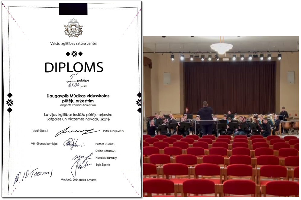 Staņislava Broka Daugavpils Mūzikas vidusskolas pūtēju orķestris un diploms